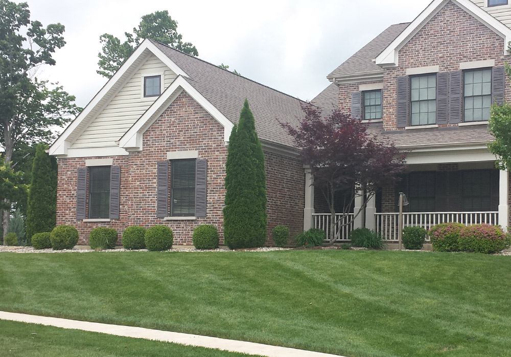 Clipped globe shrubs along the foundation of a brick and siding house with a striped lawn